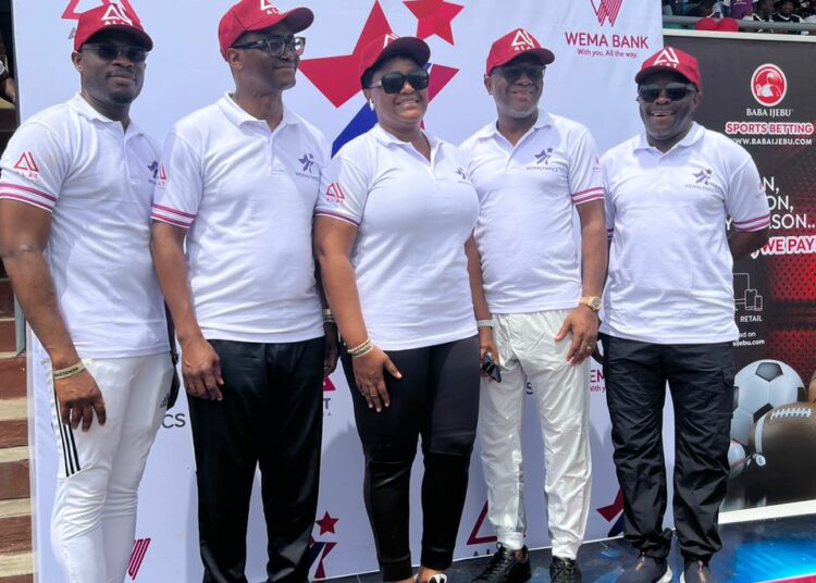 L-R: Chairman, planning committee, Wemalympics, Tajudeen Bakare; wife of the MD/CEO,  Wema Bank, Mrs Adejumoke Adebise; the MD/CEO, Ademola Adebise; executive director, Corporate Banking and West, Wema Bank, Wole Akinleye and chief financial officer, Wema Bank, Tunde Mabawonku at the 2022 edition of Wemalympics held recently.