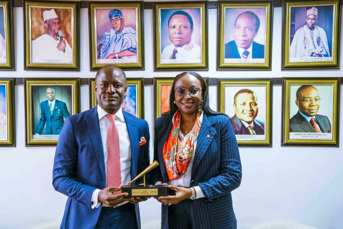 Chief executive officer, Nigerian Exchange (NGX), Mr. Temi Popoola, and president/GCEO, Transnational Corporation (Transcorp) Plc, Owen Omogiafo, during presentation of Transcorp’s Facts Behind the Figure, held at the Nigerian Exchange in Lagos on Tuesday