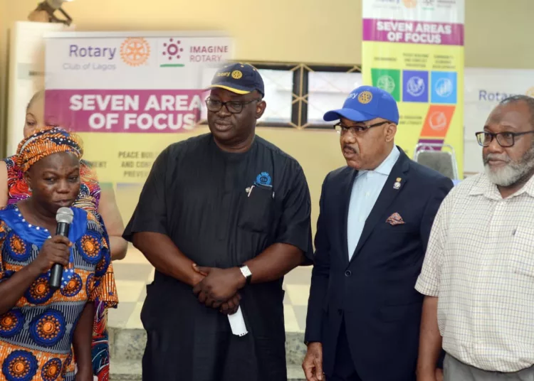 LR: A patient, Mrs Ajani Oluwasegun Elizabeth; president, Rotarian Club of Lagos, Rotarian Joseph Akhigbe; director, Rotary Foundation, Rotarian UK Eke, MFR, and the chief medical director, National Orthopaedic Hospital, Igbobi, Dr. Mustapha  Alimi when the Rotary Club of Lagos, District 9110 donated over 70 mobility aids to the National Orthopaedic Hospital, Igbobi, Lagos, recently.