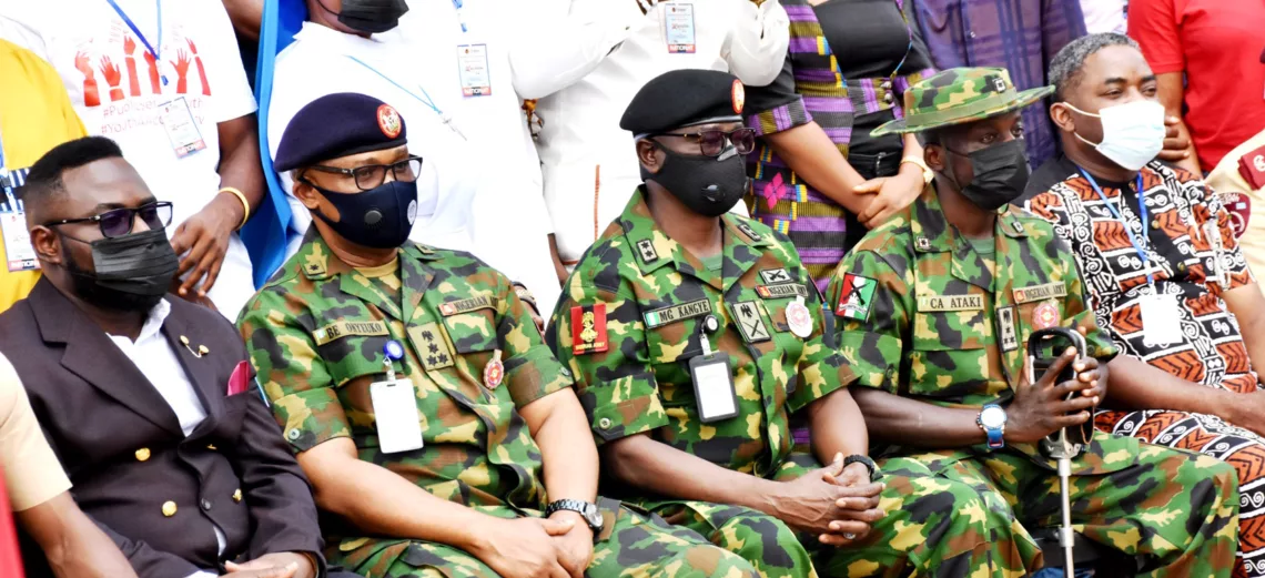 Pic.4. From left: Executive Director, Security Affairs (SA), Amb. Austin Peacemaker, Director Defence Media Operations, Brig. Gen. Bernard Onyeuko; Chief of Civil-Military Affairs Army Headquarters, Maj. Gen. Ghinga Kangye; representative of General Officer Commanding 82 Div. Nigerian Army, Brig. Gen. Chris Attaki and Chairman NLC Enugu State, Comrade Virginus Nwobodo, during Army Headquarters Department of Civil-Military  Affairs 16th Social Media Influencers Seminar in Enugu on Friday (26/11/21).
07197/Mike Agada/JAU/NAN
