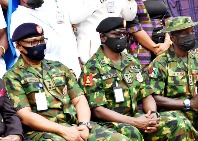 Pic.4. From left: Executive Director, Security Affairs (SA), Amb. Austin Peacemaker, Director Defence Media Operations, Brig. Gen. Bernard Onyeuko; Chief of Civil-Military Affairs Army Headquarters, Maj. Gen. Ghinga Kangye; representative of General Officer Commanding 82 Div. Nigerian Army, Brig. Gen. Chris Attaki and Chairman NLC Enugu State, Comrade Virginus Nwobodo, during Army Headquarters Department of Civil-Military  Affairs 16th Social Media Influencers Seminar in Enugu on Friday (26/11/21).
07197/Mike Agada/JAU/NAN