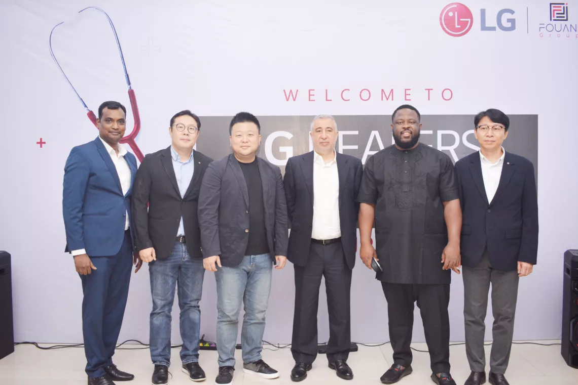 L-R: Head, Corporate Marketing, LG Electronics West Africa Operations, Mr. Hari Elluru; general manager, Home Appliances, LG Electronics West Africa Operations, Mr. Brian Kang; general manager, Home Entertainment, Audio Division, LG Electronics West Africa Operations, Mr. Daesun Hwang; MD, CEO Fouani Nigeria Limited, Mr. Mohammed Fouani; country manager, CEO Reliance HMO, Mr. Novo Abere, general manager Air Solution, LG Electronics West Africa Operations, Mr. Joonkyu Song, during the LG Dealer Care Event held at Victoria Island, Lagos, Nigeria