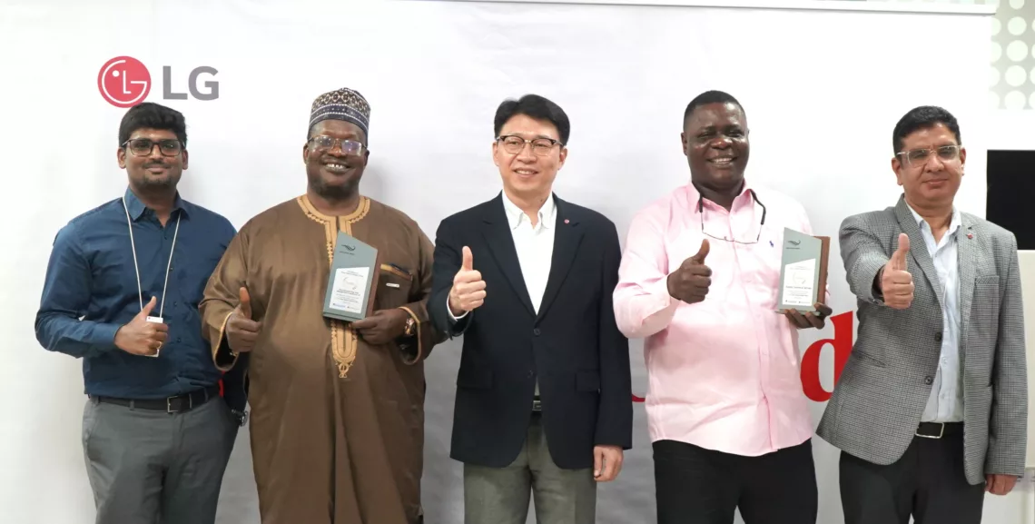 L-R: Mr. Vinoth Sankar,  Assistant Manager Commercial Air Conditioner, LG Electronics Nigeria; Engr. Shehu Mukaila Yusuf, MD/CEO Technokonsult Engr. Mgt; Mr. Joonkyu Song, General Manager Air Solution, LG Electronics West Africa, Engr. Femi Fasasi, MD/CEO Kenbis Technical Services; Mr. Vijay Bakshi, Part Leader, Commercial Air Conditioner, LG Electronics, Nigeria at the HVAC Design Award for the Middle East and Africa Region  ceremony held in Lagos, Nigeria.