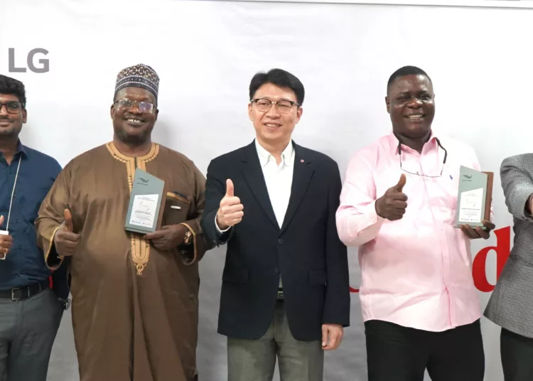 L-R: Mr. Vinoth Sankar,  Assistant Manager Commercial Air Conditioner, LG Electronics Nigeria; Engr. Shehu Mukaila Yusuf, MD/CEO Technokonsult Engr. Mgt; Mr. Joonkyu Song, General Manager Air Solution, LG Electronics West Africa, Engr. Femi Fasasi, MD/CEO Kenbis Technical Services; Mr. Vijay Bakshi, Part Leader, Commercial Air Conditioner, LG Electronics, Nigeria at the HVAC Design Award for the Middle East and Africa Region  ceremony held in Lagos, Nigeria.