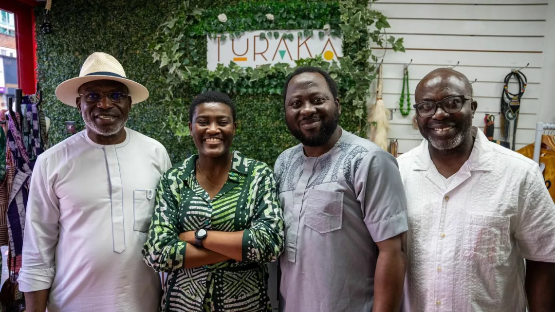 L-R:Founder/CEO, ZMirage Multimedia, Teju Kareem; founder and director, Afrikan Glory and Turaka, United Kingdom, Aduke Aladekomo; visual artist in the UK, Abolore Sobayo, and chief executive officer, PR Redline, Nigeria, Adenekan Moruff, during opening of Turaka in Chatham Highstreet, Kent, United Kingdom.