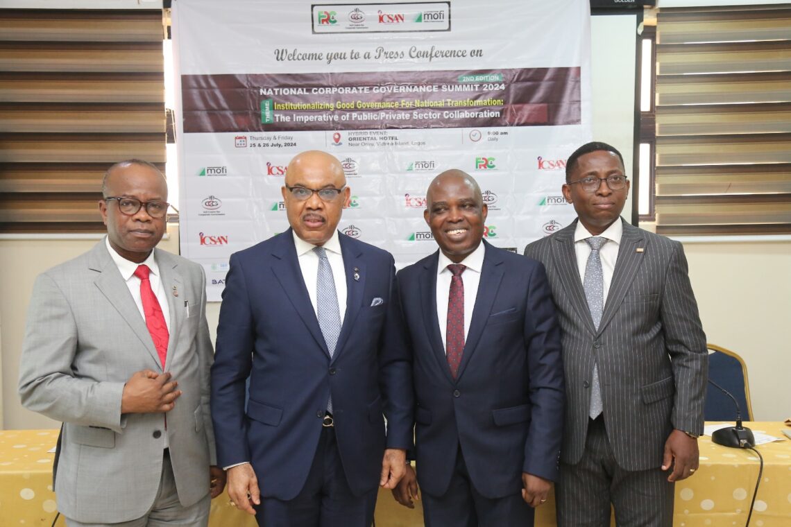 L-R: Chief executive officer, Institute of Directors Centre for Corporate Governance (IoDCCG), Nerus Ekezie; FIoD, Chairman, Board of Governors, IoDCCG, Mr UK Eke, MFR; Director at Financial Reporting Council of Nigeria, Mr Titus Osawe, and Regiatrar/CEO, Institute of Chartered Secretaries and Administrators of Nigeria, Mr Oladapo Okuneye, at a press briefing in Lagos, Monday, on the upcoming National Corporate Governance Summit.