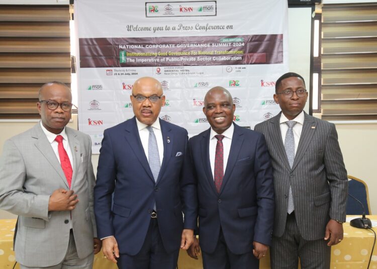 L-R: Chief executive officer, Institute of Directors Centre for Corporate Governance (IoDCCG), Nerus Ekezie; FIoD, Chairman, Board of Governors, IoDCCG, Mr UK Eke, MFR; Director at Financial Reporting Council of Nigeria, Mr Titus Osawe, and Regiatrar/CEO, Institute of Chartered Secretaries and Administrators of Nigeria, Mr Oladapo Okuneye, at a press briefing in Lagos, Monday, on the upcoming National Corporate Governance Summit.