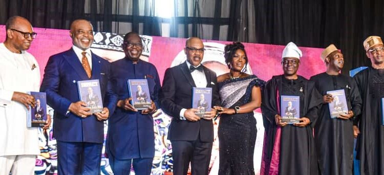 L-R: Professor Anya O. Anya, chairman & co-founder of Seplat Energy, Dr. ABC Orjiako; former deputy governor, Central Bank of Nigeria, Mr Ernest Ebi; celebrant, former managing director of FBN Holdings Plc, UK Eke, and wife, Dr. Uganze Eke; former director, FirstBank, Alhaji Lateef Bakare; acting chairman, Development Bank of Nigeria, Mr. Bukar Kyari, and founder and chairman of Proshare Limited, Femi Awoyemi at the Book launch and 60th birthday celebration of UK Eke, MFR, in Lagos, recently