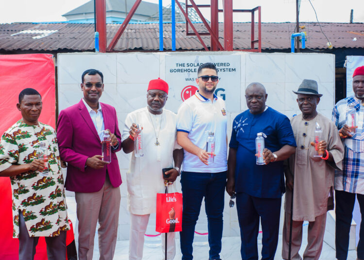 L-R: Community Leader, Friday Godspower Mbinye, Head, Corporate Marketing, LG Electronics, Hari Elluru, Community Leader, Eze Ohazurume Ochere, Barr. Brave Wobo, Branch Manager Port Harcourt, Fouani Nigeria Limited, Mahmoud Youssef,, Eze (Hon.) Okechukwu Abbey, Eze Nchemini, and Secretary, Port Harcourt Council of Traditional Rulers, Elder Peter Woke at the commissioning of LG Life is Good Initiative Borehole Donation to communities in Port Harcourt held recently.